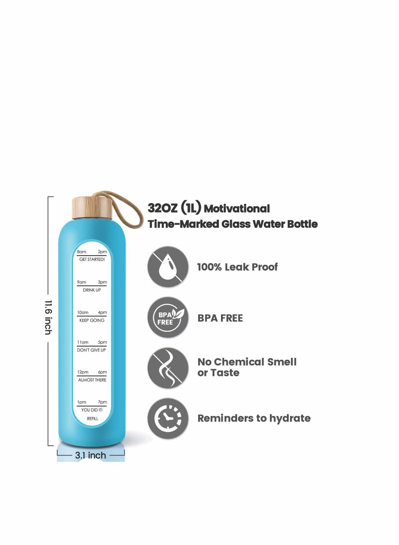 نيبمينينت 32 Oz Borosilicate Glass Water Bottle with Time Marker Reminder Quotes, Leak Proof Reusable BPA Free Motivational Silicone Sleeve and Bamboo Lid - Image 2