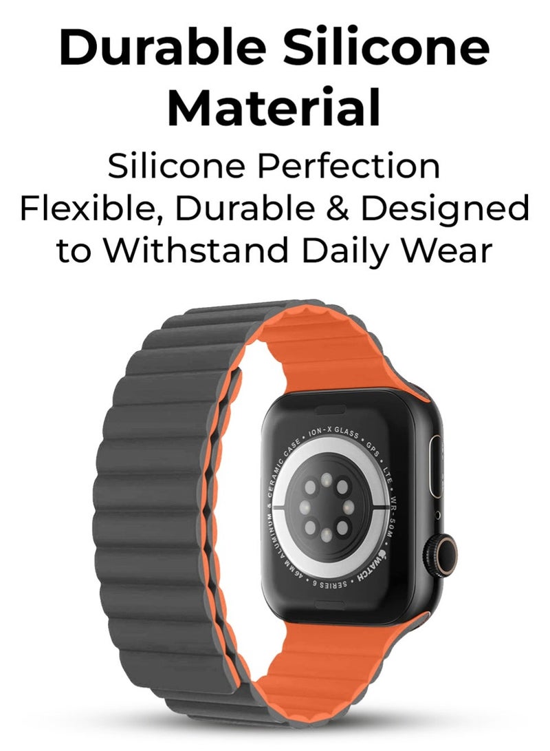 glassology Smart Watch Band Magnetic Silicone 46 mm Grey and orange two toned  Compatible with apple watch 46mm Series 1 to 10 Stylish, Durable, and Secure Replacement Strap - Image 5