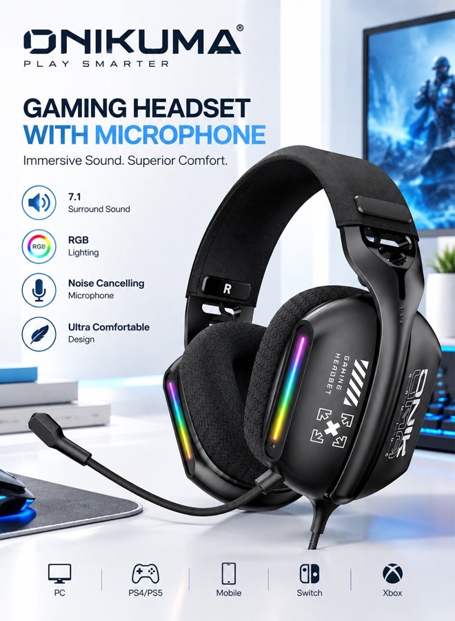 onikuma X12 Gaming Headset,Over-Ear Wired Gaming Headphones with 40mm Drivers & RGB | Adaptive Headband, Noise-Canceling Mic for PS4/PS5/XOne/XSeries/NSwitch/PC,Black - Image 1