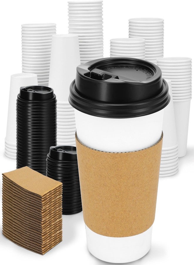 Clawsoff 100 Pack 12 oz Disposable Coffee Cups with Lids and Insulated Sleeves, Leak-free Paper and Sturdy Thick Paper Hot to Go Coffee Cups with Lids for Cold/Hot Beverage (White) - Image 1