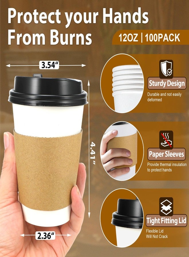 Clawsoff 100 Pack 12 oz Disposable Coffee Cups with Lids and Insulated Sleeves, Leak-free Paper and Sturdy Thick Paper Hot to Go Coffee Cups with Lids for Cold/Hot Beverage (White) - Image 2
