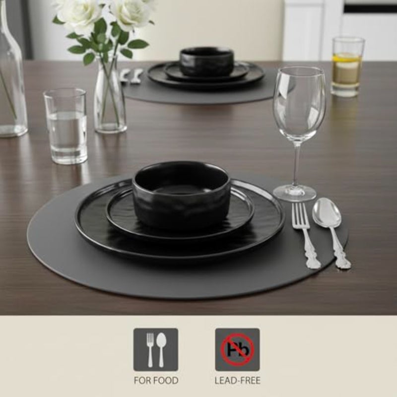 مجموعة عشاء Shallow By Stoneware HUA مكونة من 18 قطعة، مجموعة أواني طعام ذات ملمس مطروق باللون الأسود تتسع لـ 6 أشخاص، أوعية وأطباق جانبية، مجموعة أدوات مائدة خفيفة الوزن وقابلة للتكديس لتناول الطعام في المنزل العصري - Image 2