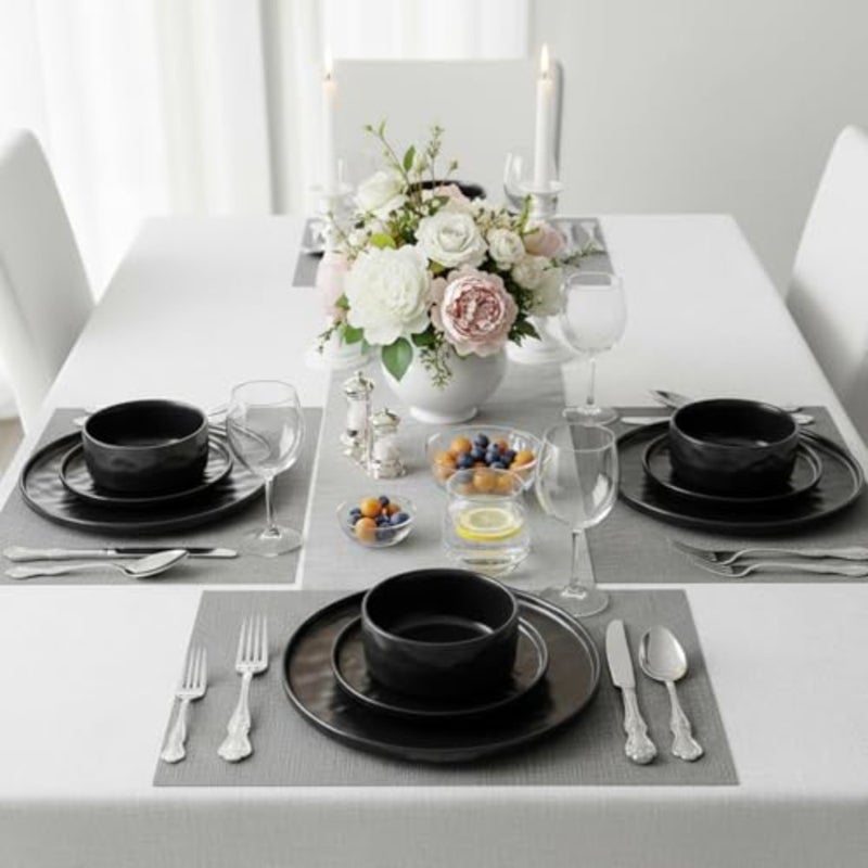 مجموعة عشاء Shallow By Stoneware HUA مكونة من 18 قطعة، مجموعة أواني طعام ذات ملمس مطروق باللون الأسود تتسع لـ 6 أشخاص، أوعية وأطباق جانبية، مجموعة أدوات مائدة خفيفة الوزن وقابلة للتكديس لتناول الطعام في المنزل العصري - Image 5