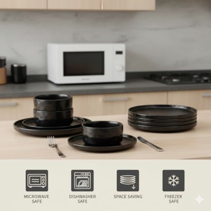 مجموعة عشاء Shallow By Stoneware HUA مكونة من 18 قطعة، مجموعة أواني طعام ذات ملمس مطروق باللون الأسود تتسع لـ 6 أشخاص، أوعية وأطباق جانبية، مجموعة أدوات مائدة خفيفة الوزن وقابلة للتكديس لتناول الطعام في المنزل العصري - Image 3