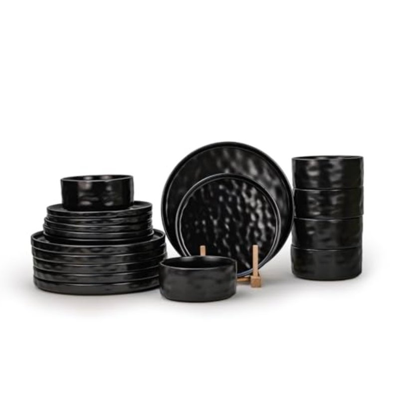 مجموعة عشاء Shallow By Stoneware HUA مكونة من 18 قطعة، مجموعة أواني طعام ذات ملمس مطروق باللون الأسود تتسع لـ 6 أشخاص، أوعية وأطباق جانبية، مجموعة أدوات مائدة خفيفة الوزن وقابلة للتكديس لتناول الطعام في المنزل العصري - Image 1