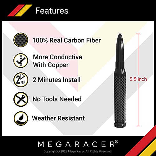 Mega Racer 50 Cal Bullet Antenna - Black Carbon Fiber 5.5 Inch AM/FM Compatible Universal Fit for Truck, Solid Aluminum with Anti-Theft Design and Car Wash Safe - Image 2