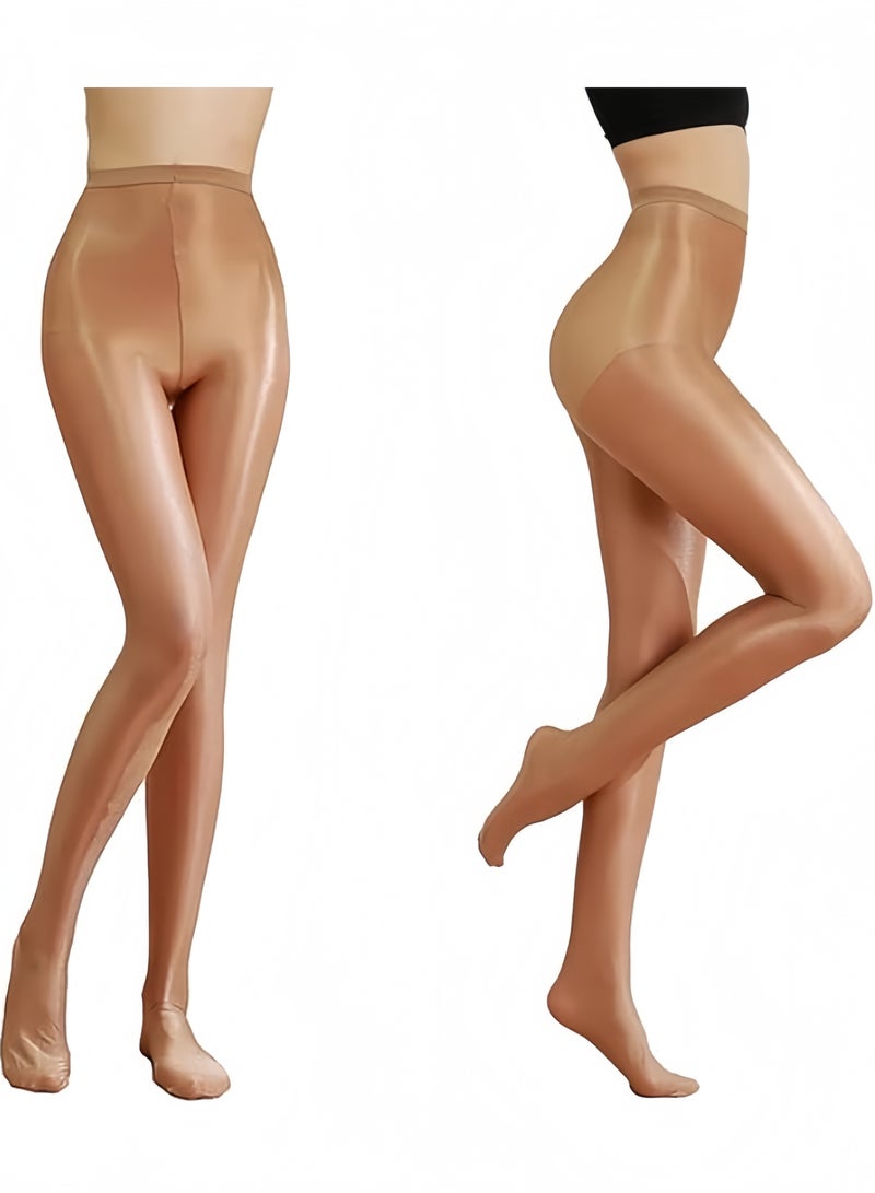 2 Pack Oily Gloss Tights High Waist Sheer Women Pantyhose 360° Seamless Sheer Girls Stockings Women Tights,Brown - Image 1