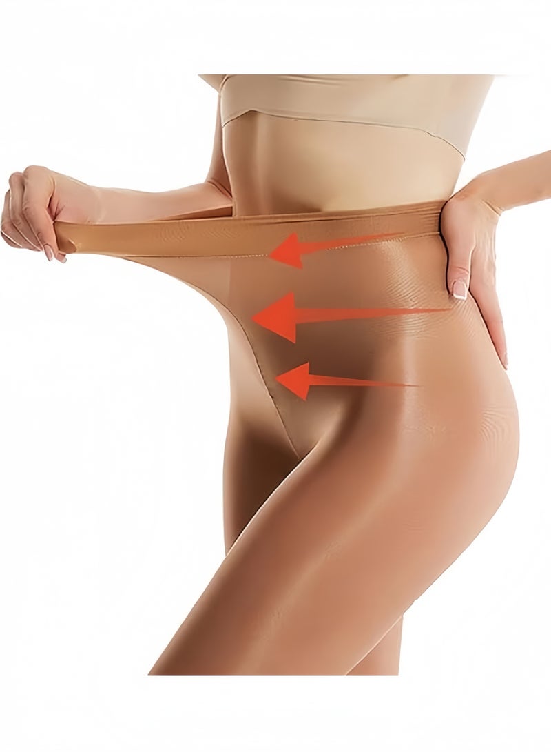 2 Pack Oily Gloss Tights High Waist Sheer Women Pantyhose 360° Seamless Sheer Girls Stockings Women Tights,Brown - Image 2