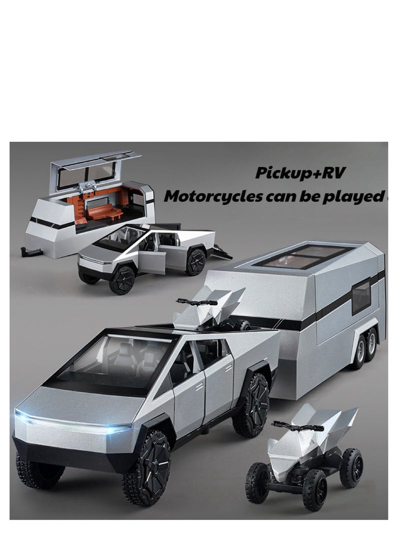 1:32 Tesla Cyber Truck Diecast Metal Model Toy Car | Truck + RV + Motorcycle Combo | Large Alloy Toy Vehicle | With Lights, Sound & Pull-Back Function | Kids Gift & Model Car Collection - Image 2