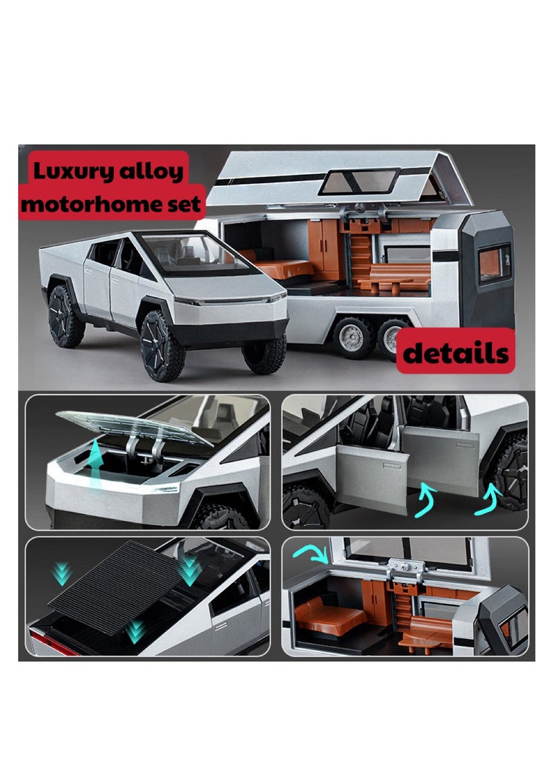 1:32 Tesla Cyber Truck Diecast Metal Model Toy Car | Truck + RV + Motorcycle Combo | Large Alloy Toy Vehicle | With Lights, Sound & Pull-Back Function | Kids Gift & Model Car Collection - Image 3
