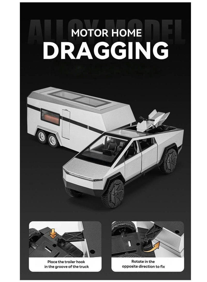 1:32 Tesla Cyber Truck Diecast Metal Model Toy Car | Truck + RV + Motorcycle Combo | Large Alloy Toy Vehicle | With Lights, Sound & Pull-Back Function | Kids Gift & Model Car Collection - Image 4