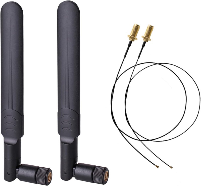 HIGHFINE 2 x 6dBi 2.4GHz 5GHz Dual Band WiFi RP-SMA Male Antenna+2 x 35CM RP-SMA IPEX MHF4 Pigtail Cable for M.2 NGFF WiFi WLAN Card - Image 1