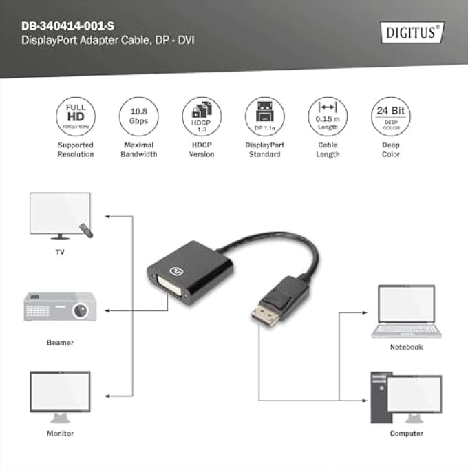 DIGITUS ASSMANN ACTIVE DISPLAYPORT DP TO DVI ADAPTER CONVERTER - Image 2