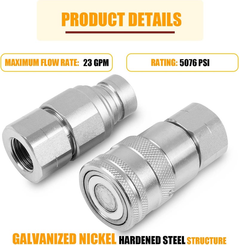 RANSOTO 2 Sets 1/2" Flat Face Hydraulic Quick Connect Coupler Set - Image 4