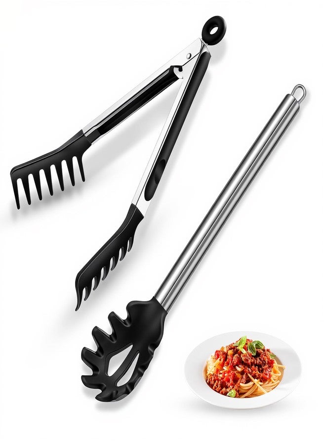 Nryul Spaghetti Spoon and Pasta Tong with Grip Teeth and Drain Holes, 2-Piece Non-Stick Silicone Head with Stainless Steel Handle, Heat Resistant Food Grade Utensils for Cooking, Serving, Salad and Noodles - Image 1