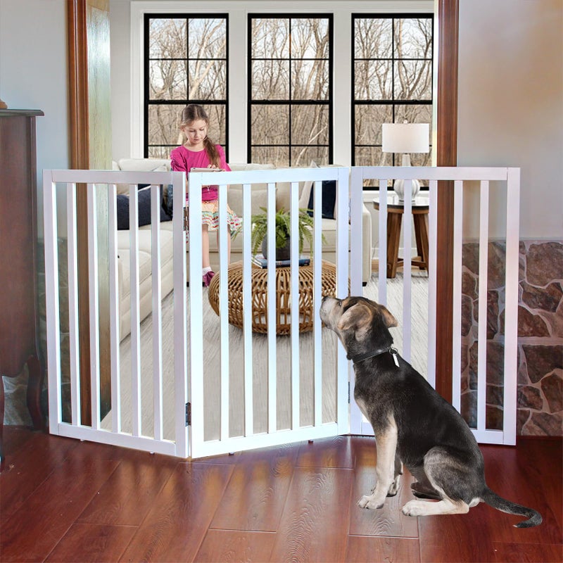 بوابة الكلاب الداخلية القابلة للطي من ZJSF للمنزل بوابة خشبية بيضاء للكلاب الصغيرة للفتحات بوابة حيوانات أليفة للسلالم سياج حيوانات أليفة عريض جداً 32 ارتفاع 3 ألواح