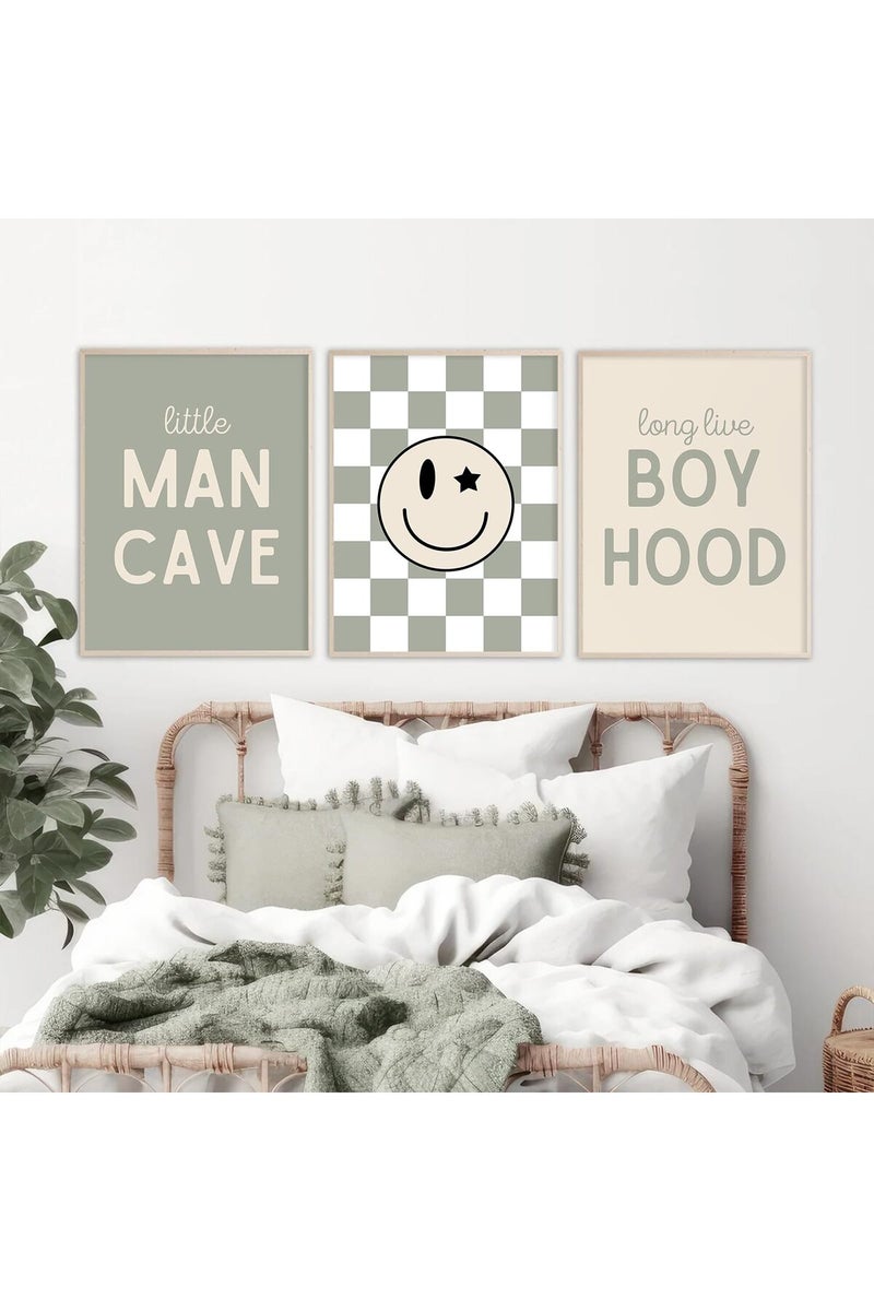 Baccone Nursery Wall Art Set of 3 Baby Boys Canvas Wall Art Pictures Smiley Happy Face Wall Decor Kids Prints Toddler Painting Boho Baby Boy Poster Sage Green Artwork for Room Bedroom 16x24 Inch Unframed - Image 1