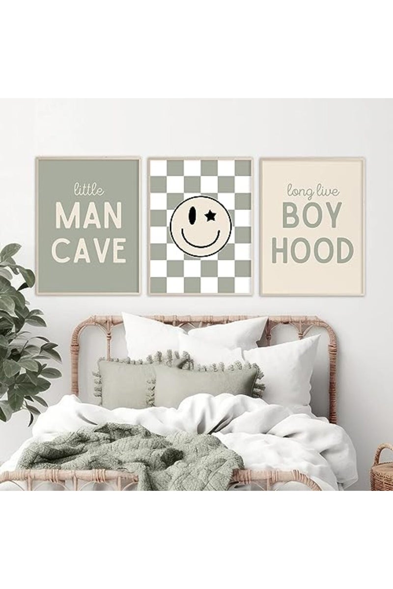 Baccone Nursery Wall Art Set of 3 Baby Boys Canvas Wall Art Pictures Smiley Happy Face Wall Decor Kids Prints Toddler Painting Boho Baby Boy Poster Sage Green Artwork for Room Bedroom 16x24 Inch Unframed - Image 2