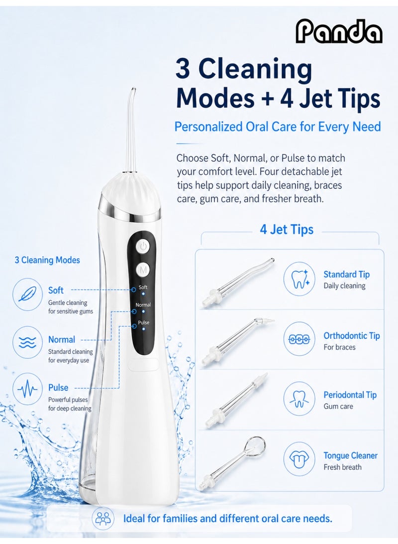 باندا خيط تنظيف الأسنان المائي لاسلكي، سعة 200 مل، جهاز ري فموي محمول، 3 أوضاع تنظيف و4 رؤوس رش، مقاوم للماء بمعيار IPX7 - Image 3