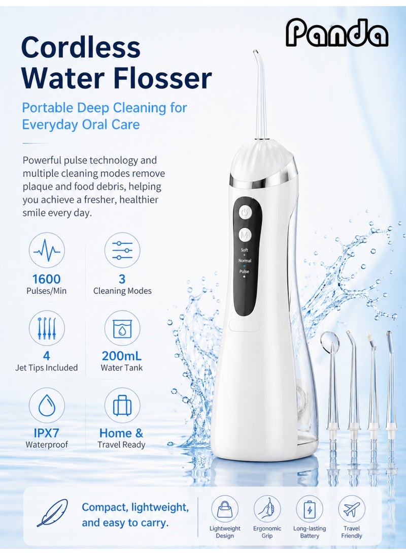 باندا خيط تنظيف الأسنان المائي لاسلكي، سعة 200 مل، جهاز ري فموي محمول، 3 أوضاع تنظيف و4 رؤوس رش، مقاوم للماء بمعيار IPX7 - Image 1