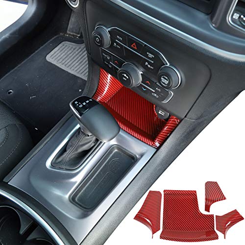 JeCar إكسسوارات داخلية من JeCar لكونسول الوسط، لوحة تخزين عصا التروس لسيارة دودج تشارجر 2011-2020، ألياف كربونية حمراء، 4 قطع - Image 1