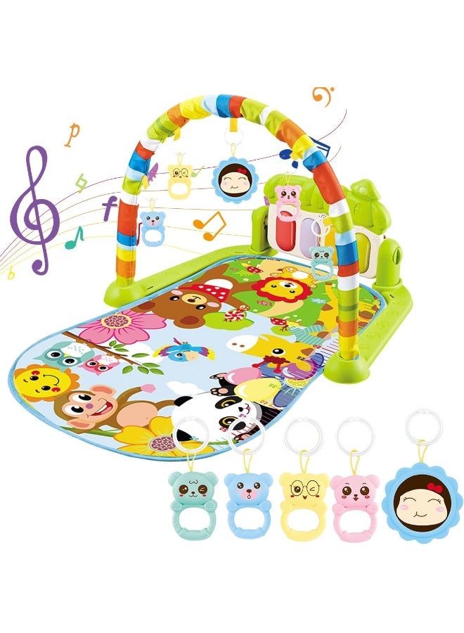 ECVV Foldable Baby Piano Play Mat with Lights & Growth Ruler (0–55 cm) | 50 Music Tracks, 4 Removable Toys & Mirror | Infant Kick & Tummy Time Gym – Green - Image 1