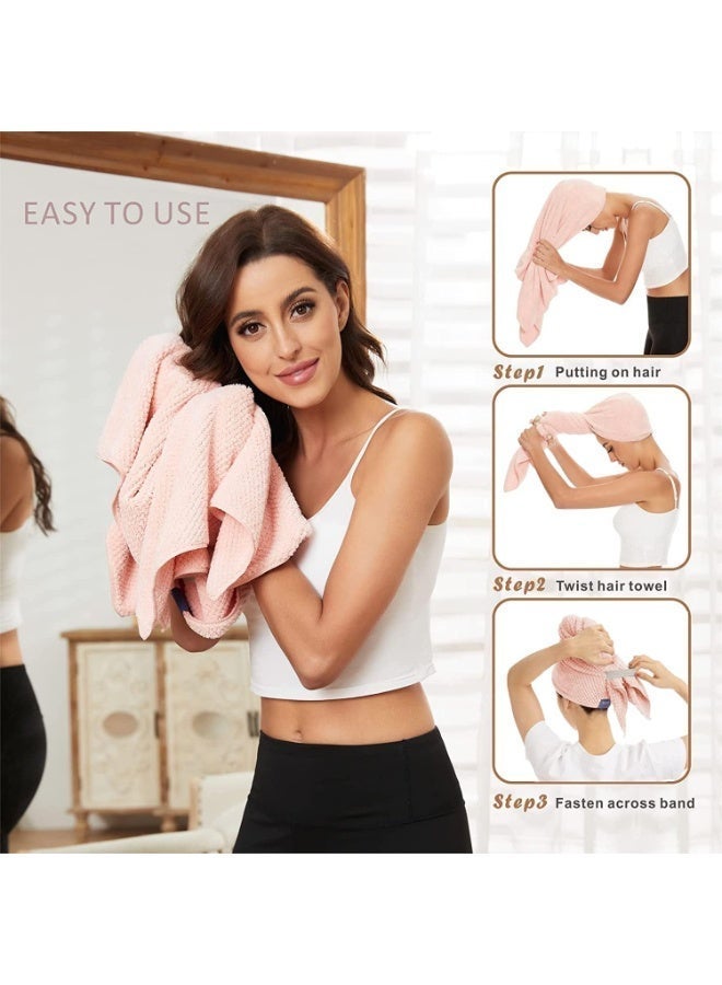 Large Microfiber Hair Towel Wrap for Women, Anti Frizz Hair Drying Towel with Elastic Strap, Fast Dry | Super Absorbent | Quick Dry Hair Turban for Wet, Curly, Long & Thick Hair -Blue (Pink) - Image 3