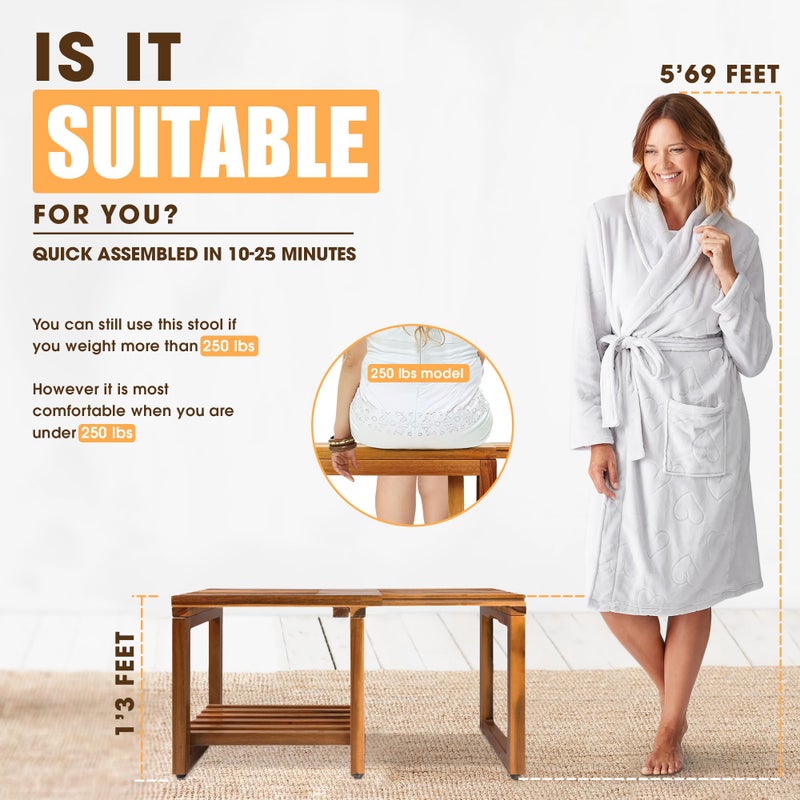 ENKEZI Adjustable Length 29 Inches Shower Stool Bench Chair Waterproof with Storage Shelf for Shaving Legs, Spa, Bath Seat in Bathroom, Inside Shower for Adults Seniors Elderly (Small 29 in) - Image 3