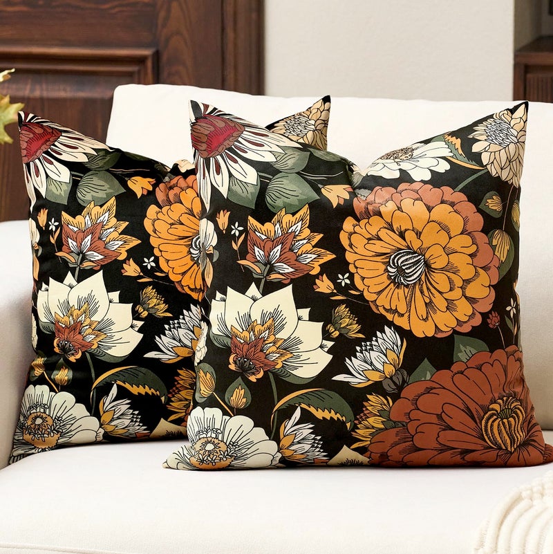 Tyrot Black Boho Floral Velvet Throw Pillow Covers 18x18 Inch Set of 2 Farmhouse Vintage Cushion Covers Mid Century Modern Botanical Home Decor Pillow Cases for Couch Bed Sofa Living Room, Bedroom - Image 1