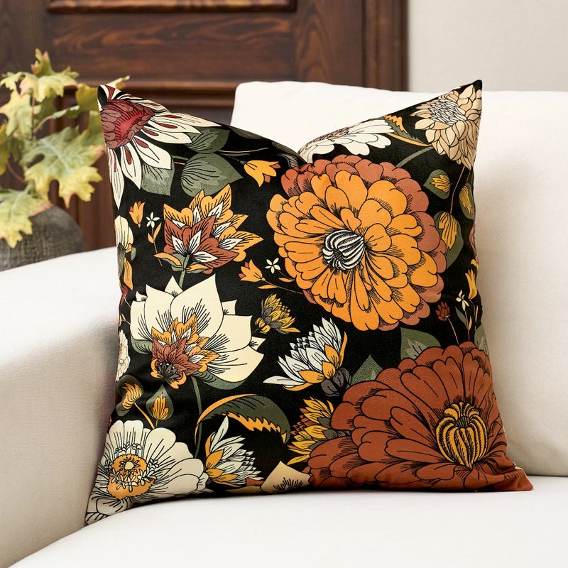 Tyrot Black Boho Floral Velvet Throw Pillow Covers 18x18 Inch Set of 2 Farmhouse Vintage Cushion Covers Mid Century Modern Botanical Home Decor Pillow Cases for Couch Bed Sofa Living Room, Bedroom - Image 3
