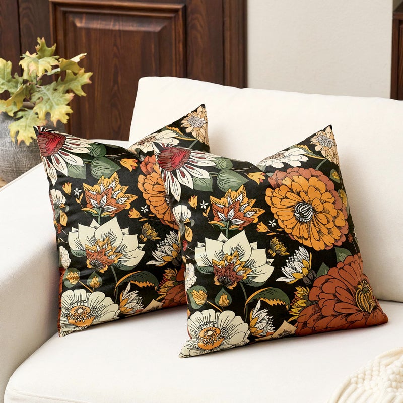 Tyrot Black Boho Floral Velvet Throw Pillow Covers 18x18 Inch Set of 2 Farmhouse Vintage Cushion Covers Mid Century Modern Botanical Home Decor Pillow Cases for Couch Bed Sofa Living Room, Bedroom - Image 4