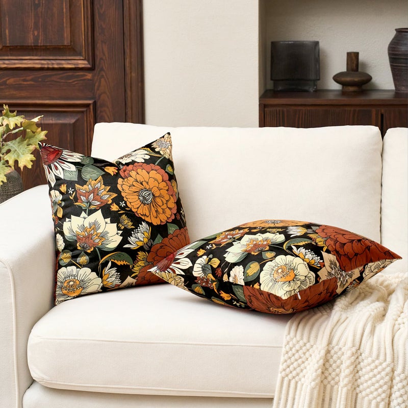 Tyrot Black Boho Floral Velvet Throw Pillow Covers 18x18 Inch Set of 2 Farmhouse Vintage Cushion Covers Mid Century Modern Botanical Home Decor Pillow Cases for Couch Bed Sofa Living Room, Bedroom - Image 2