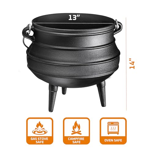 Bruntmor 8-Quart Pre-Seasoned Cast Iron Cauldron - African Potjie Pot with Lid - 3-Legged Pot for Even Heat Distribution - Outdoor Cast Iron Dutch Oven Cookware for Campfire Cooking and Boiling - Image 3