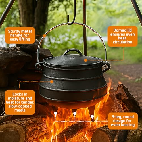 Bruntmor 8-Quart Pre-Seasoned Cast Iron Cauldron - African Potjie Pot with Lid - 3-Legged Pot for Even Heat Distribution - Outdoor Cast Iron Dutch Oven Cookware for Campfire Cooking and Boiling - Image 4