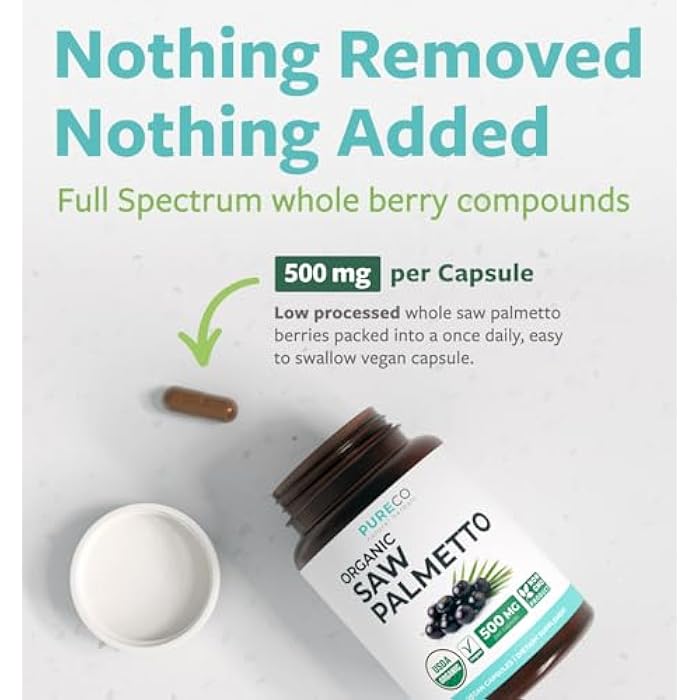 PURE CO USDA Organic Saw Palmetto Supplement - Organic Saw Palmetto for Women & Men's Urinary Tract Prostate & DHT Blocker for Women - Whole Berries - Vegan Non-GMO & Lab Verified (2 Month Supply) - Image 3