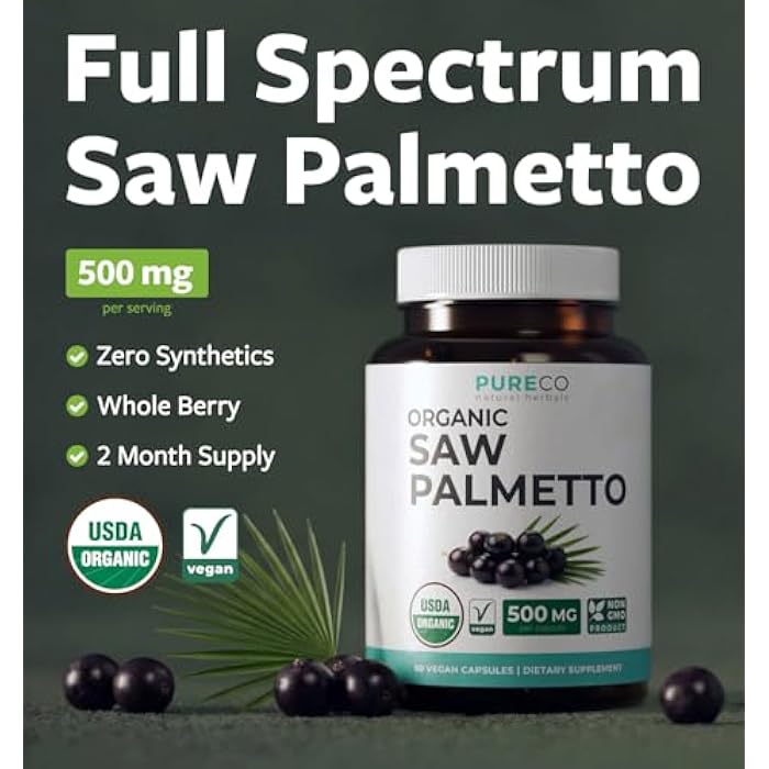 PURE CO USDA Organic Saw Palmetto Supplement - Organic Saw Palmetto for Women & Men's Urinary Tract Prostate & DHT Blocker for Women - Whole Berries - Vegan Non-GMO & Lab Verified (2 Month Supply) - Image 2