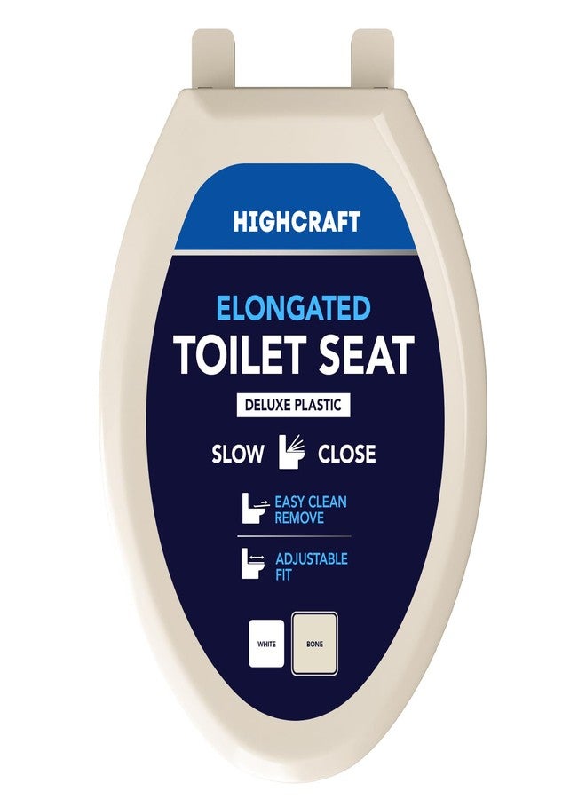 HIGHCRAFT Premium Elongated Toilet Seat with Slow-Close Design, Adjustable Hinges & Quick Removal Mechanism - Molded Plastic Toilet Seat - Fits Standard Elongated Toilets - Oval Seat in Bone/Beige - Image 1