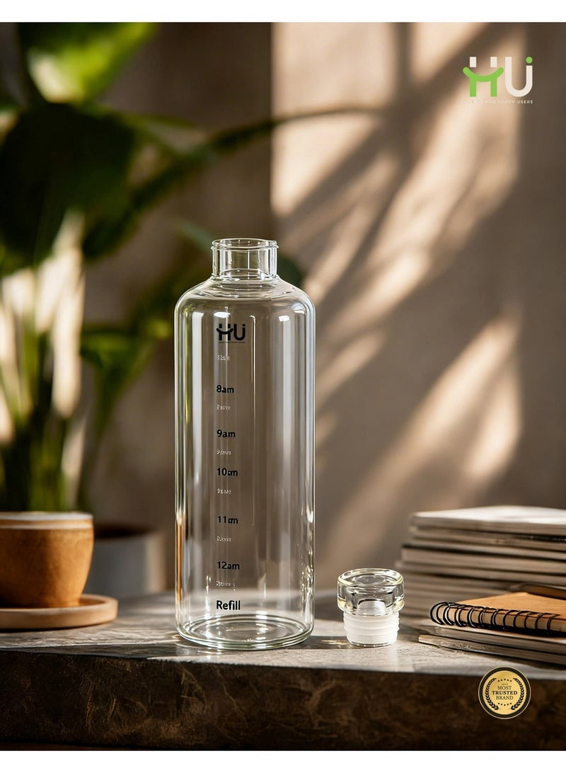 إتش يو زجاجة ماء زجاجية مع مؤشرات الوقت – زجاجة تذكير بالترطيب قابلة لإعادة الاستخدام وصديقة للبيئة، متينة وسهلة التنظيف للاستخدام اليومي والرياضة والمكتب - Image 1