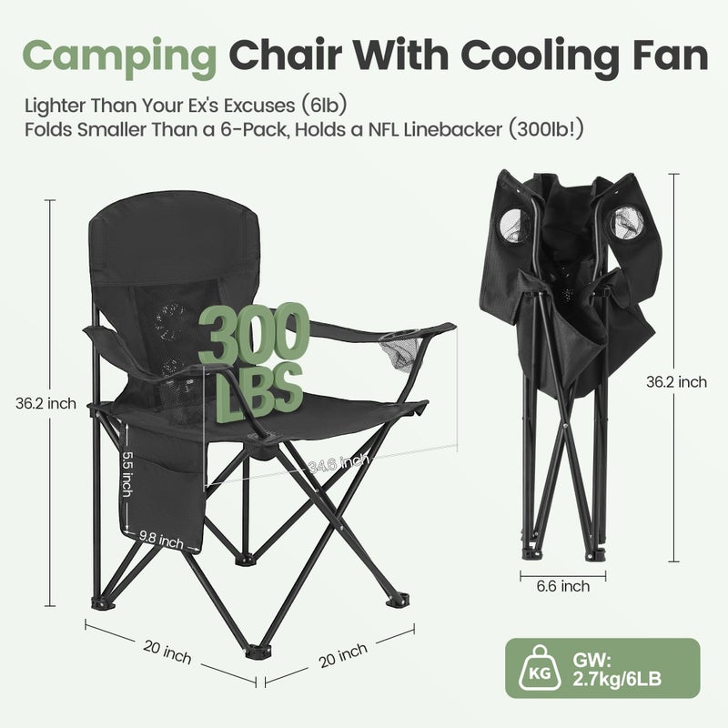 WEIDIORME 2 Pack Camping Chairs with Fan, Lightweight Camp Chair 300LBS Portable Foldable Chairs for Adults & Teens, Compact with Carry Bag for Camping, Beach, Picnics, Outdoor - Image 4