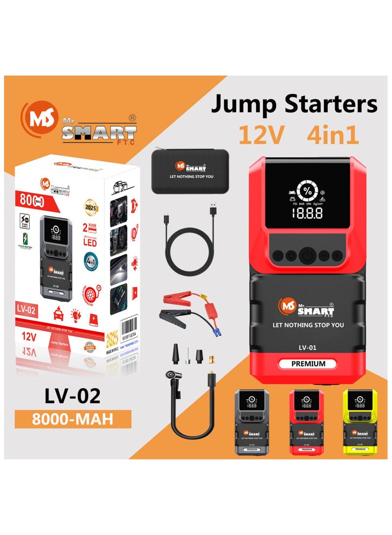 MR.SMART LV-02 Car Jump Starter, 12V 8000mAh, 4-in-1 Portable Power Bank with LED Light, Black and Red - Image 2
