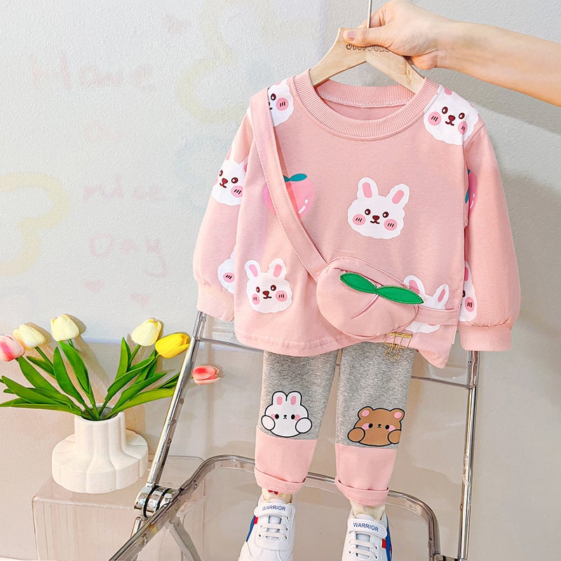 Children'S Clothing New Girls Cartoon Cotton Sweater Satchel Set Leggings Two-Piece Factory Generation - Image 1