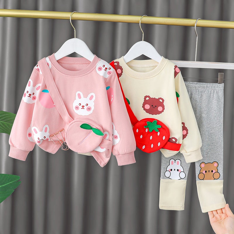 Children'S Clothing New Girls Cartoon Cotton Sweater Satchel Set Leggings Two-Piece Factory Generation - Image 2