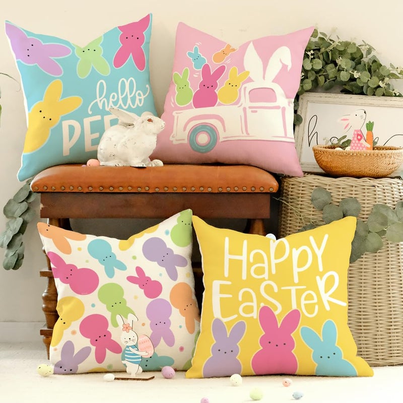GEEORY Happy Easter Hello Peeps Throw Pillow Covers 18x18 Inch Set of 4, Rabbit Truck Bunny Spring Decorative Farmhouse Holiday Cushion Case for Home Decoration G683-18 - Image 3