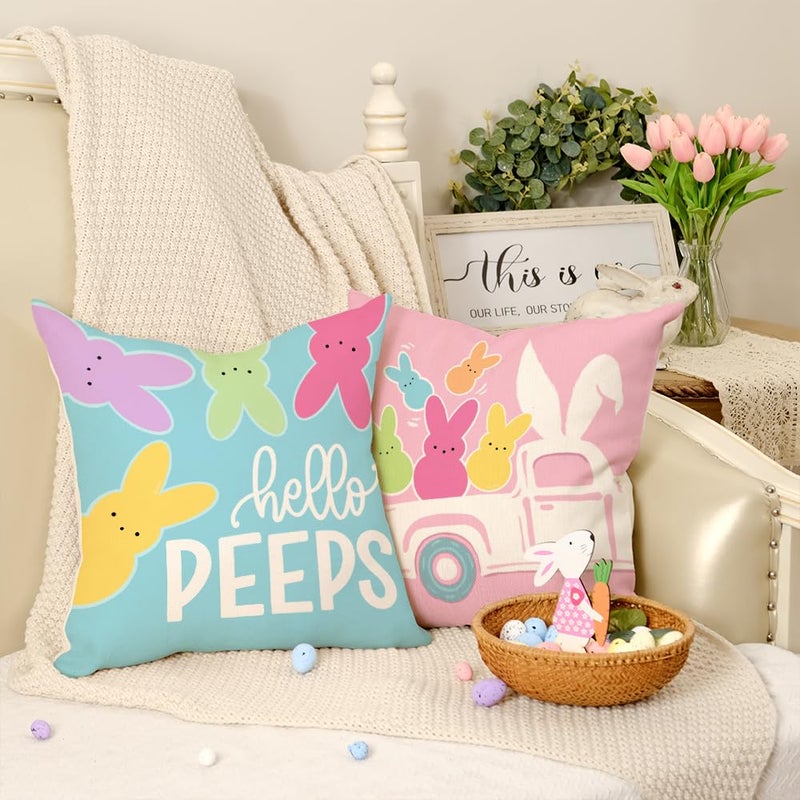 GEEORY Happy Easter Hello Peeps Throw Pillow Covers 18x18 Inch Set of 4, Rabbit Truck Bunny Spring Decorative Farmhouse Holiday Cushion Case for Home Decoration G683-18 - Image 5