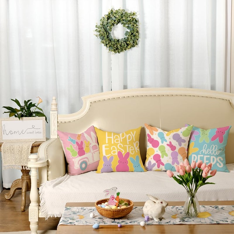 GEEORY Happy Easter Hello Peeps Throw Pillow Covers 18x18 Inch Set of 4, Rabbit Truck Bunny Spring Decorative Farmhouse Holiday Cushion Case for Home Decoration G683-18 - Image 4
