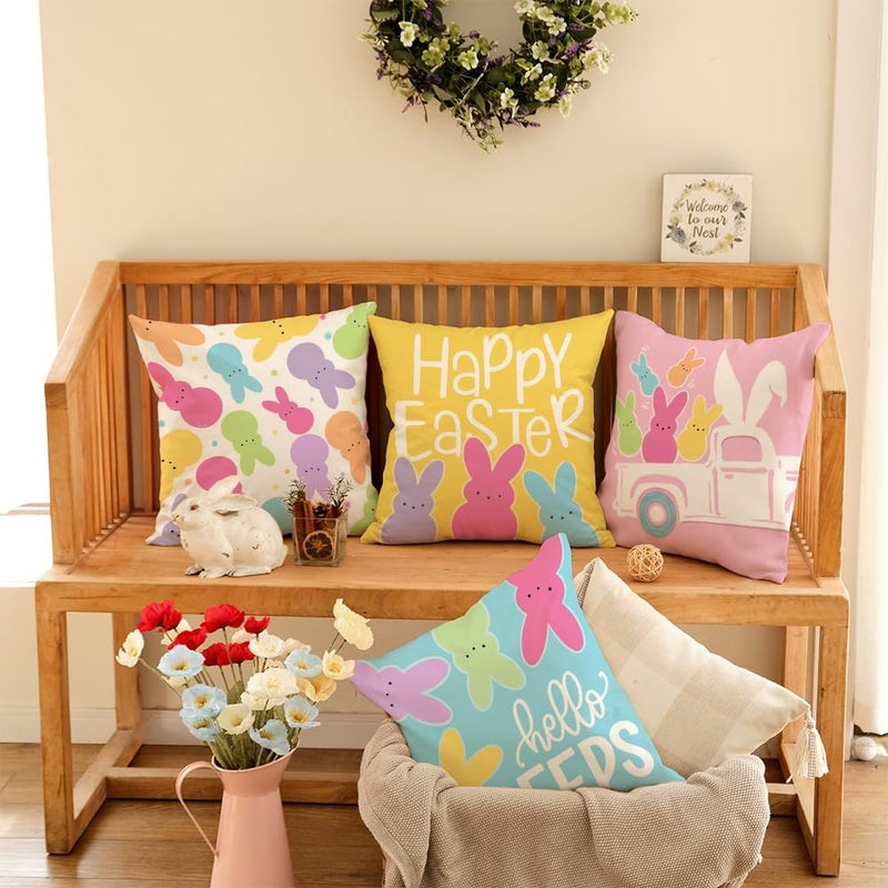 GEEORY Happy Easter Hello Peeps Throw Pillow Covers 18x18 Inch Set of 4, Rabbit Truck Bunny Spring Decorative Farmhouse Holiday Cushion Case for Home Decoration G683-18 - Image 2