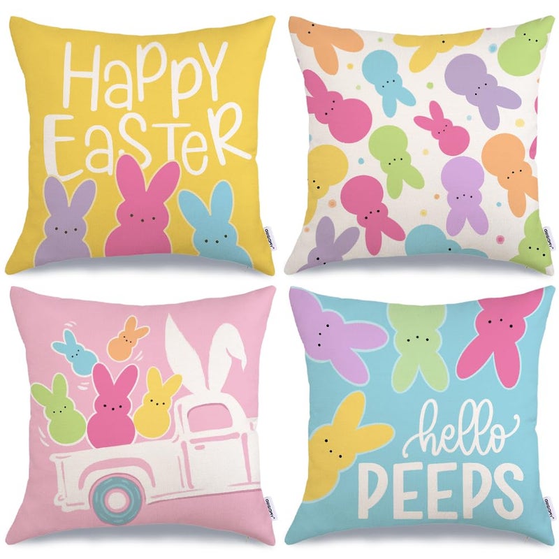 GEEORY Happy Easter Hello Peeps Throw Pillow Covers 18x18 Inch Set of 4, Rabbit Truck Bunny Spring Decorative Farmhouse Holiday Cushion Case for Home Decoration G683-18 - Image 1
