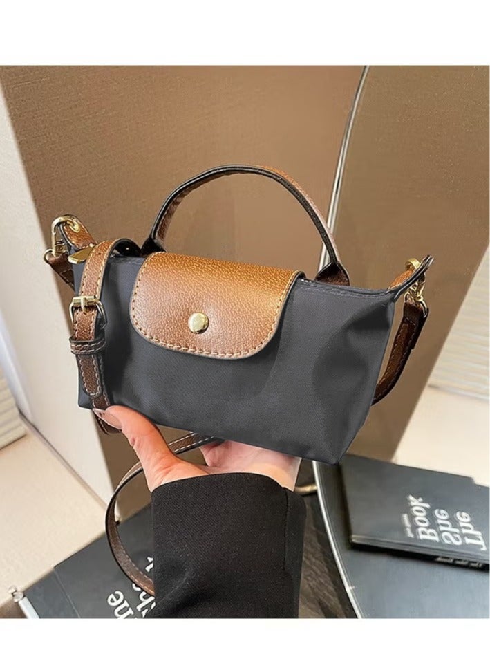 Mini Nylon Crossbody Handbag,Gray with Brown PU Trim, Top Handle