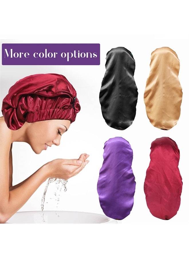 2PCS Satin Hair Braid Bonnet,Foldable Extra Long Bonnet for Braids with Button,Single Layer Sleep Cap,Soft Hair Sleeping Bonnet Cap for Black Women,Large Hair Loose Cap for Dreadlocks(Black+Wine Red)