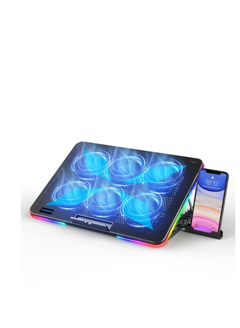 كاست ويف لوحة تبريد الكمبيوتر المحمول ، مبرد كمبيوتر محمول KASTWAVE مع 6 مراوح هادئة لـ 15.6-17 بوصة مروحة ألعاب حامل ثابت ، 7 ضبط ارتفاع ، RGB ضوء 10 أوضاع ، مفتاح التحكم في سرعة مروحة ، 2 منفذ USB وحامل هاتف - Image 1